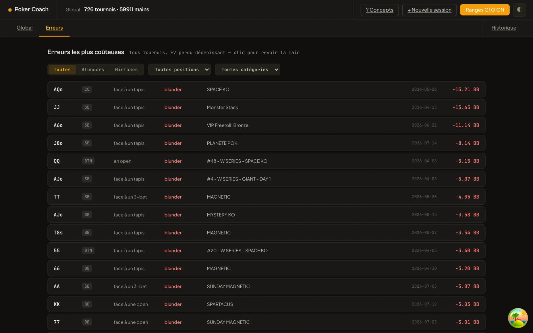 La playlist d'erreurs, découpée par position et par catégorie